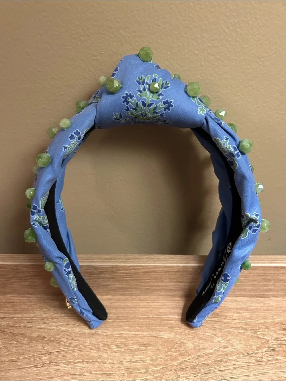 Brianna Cannon Blue Floral Twist Knot Headband with Green Stone Bead Detailing